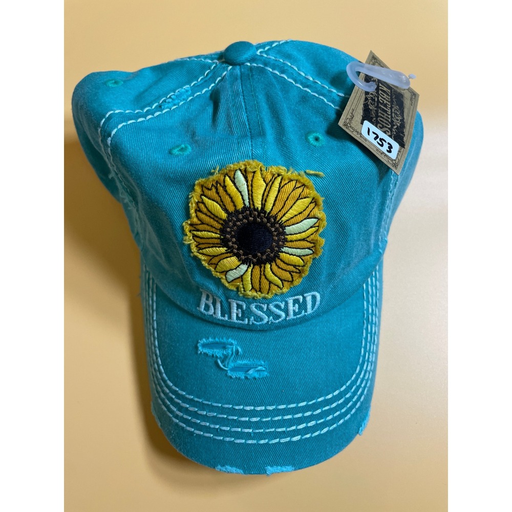 KBETHOS Ballcap Women Teal NWT Sunflower Blessed Distressed Baseball Hat